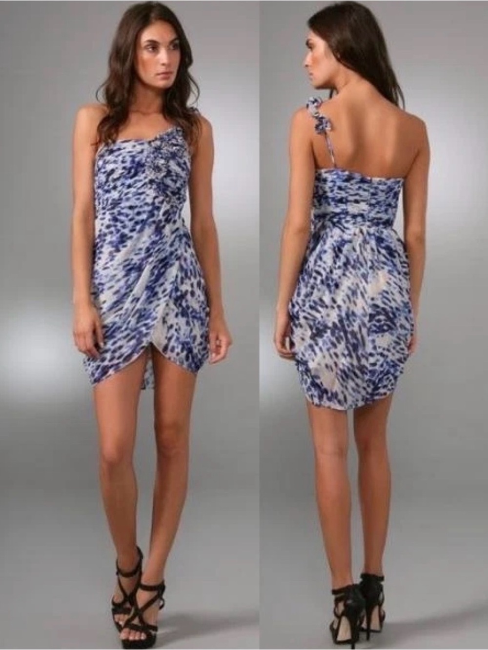 BCBGMaxAzria Blue and White One-Shoulder Ruffled Dress